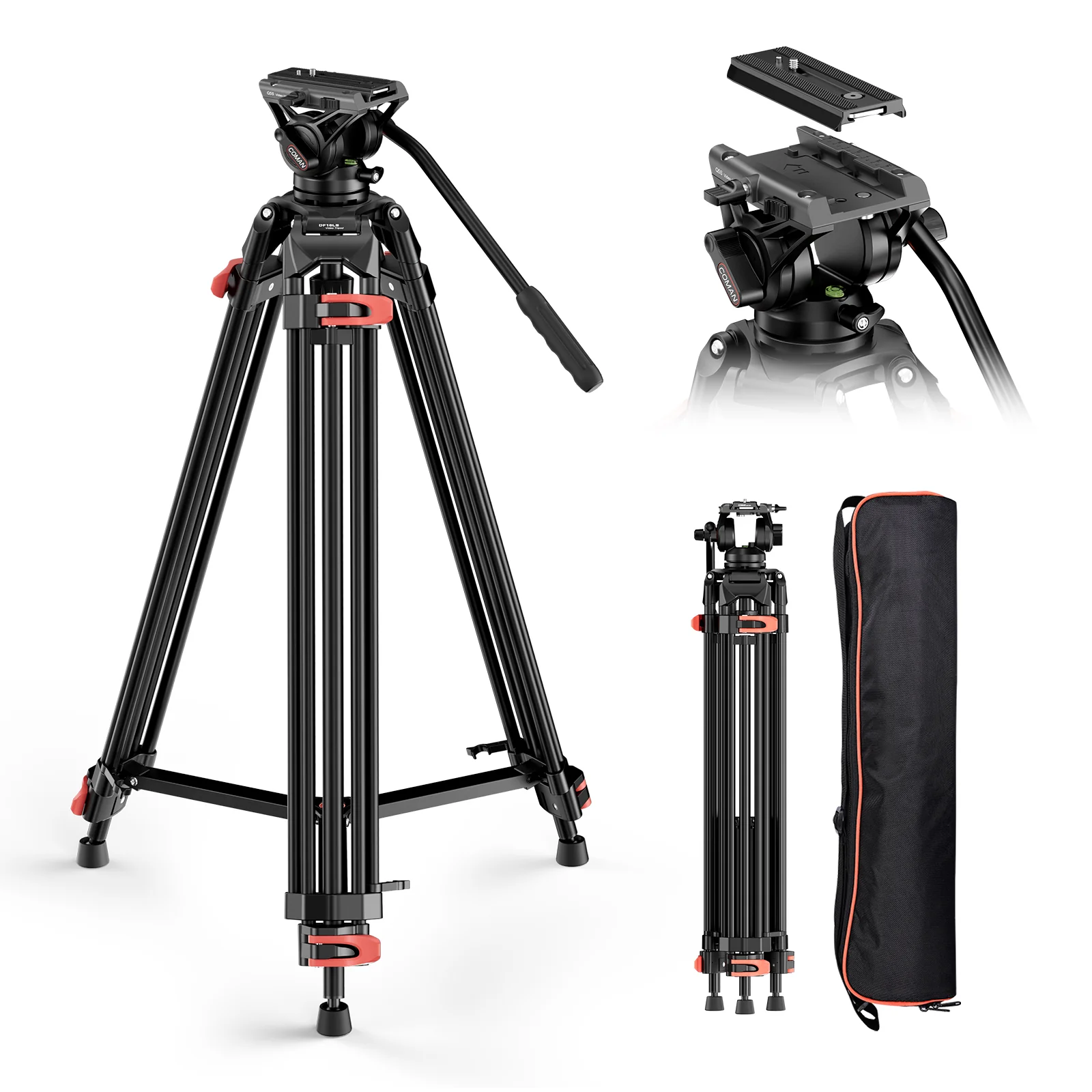 COMAN DF16LS 74.4” Heavy Duty Video Tripod with Fluid Head | 17.6lbs Load