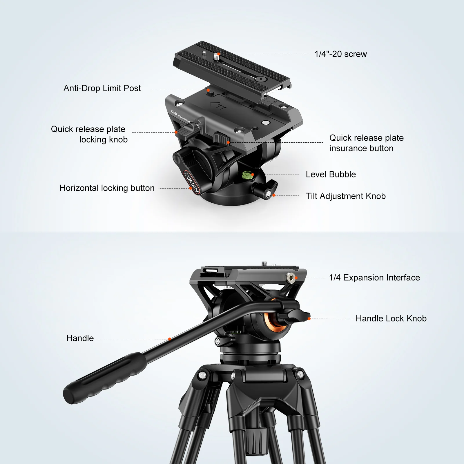 COMAN DF16LS 74.4” Heavy Duty Video Tripod with Fluid Head | 17.6lbs Load - Image 3