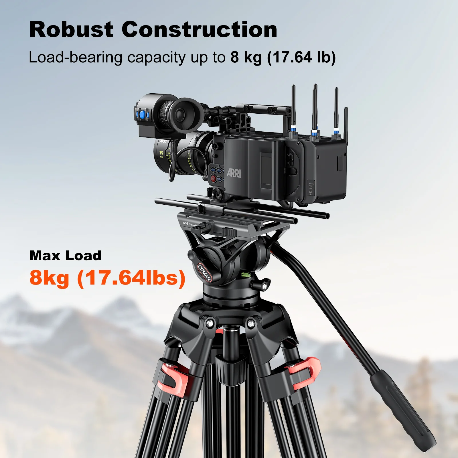 COMAN DF16LS 74.4” Heavy Duty Video Tripod with Fluid Head | 17.6lbs Load - Image 8
