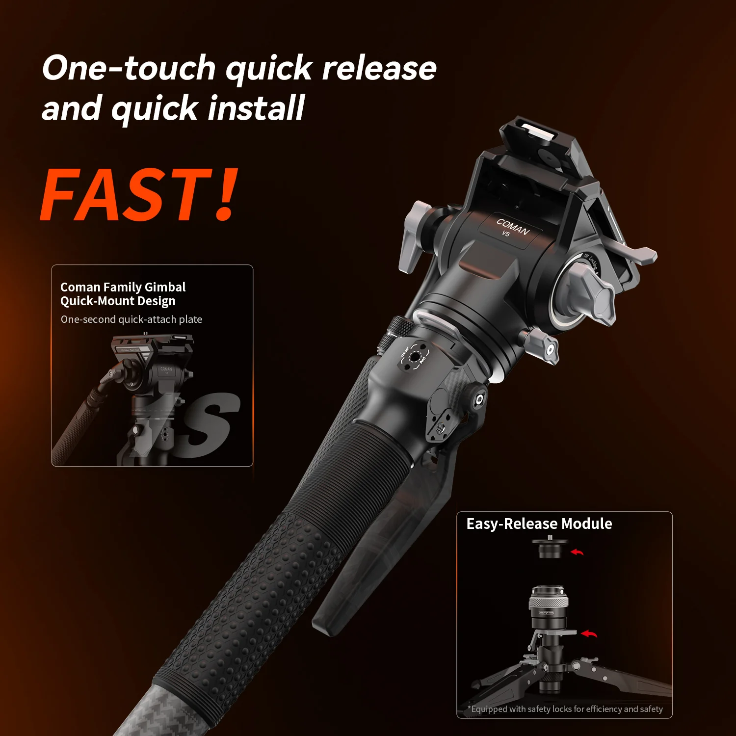 COMAN M1V5 Carbon Fiber Monopod with V5 Head, 67" Height, 22 lbs Load - Image 20