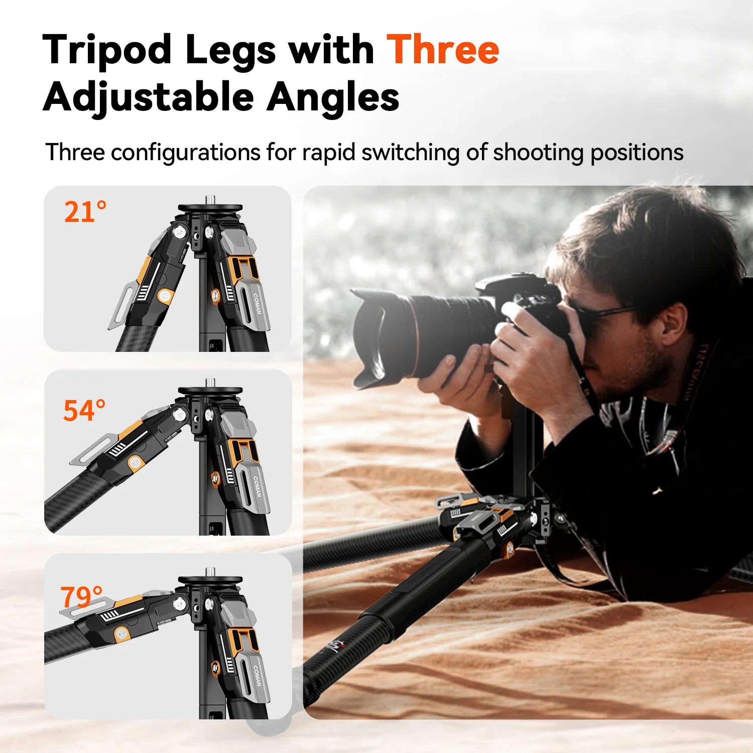 COMAN T1 Snap-Open Carbon Fiber Video and Photo Tripod 4 Section Legs Adjustable Angles 62.9" - Image 12