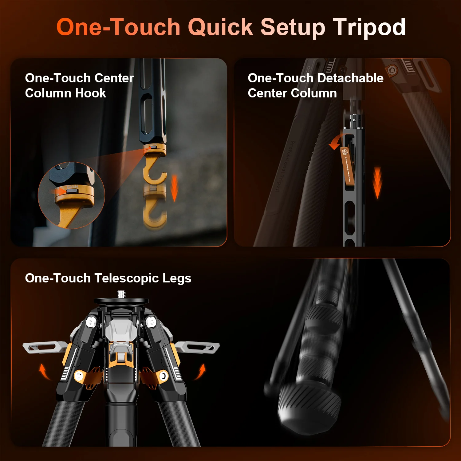 COMAN T1 Snap-Open Carbon Fiber Video and Photo Tripod 4 Section Legs Adjustable Angles 62.9" - Image 7