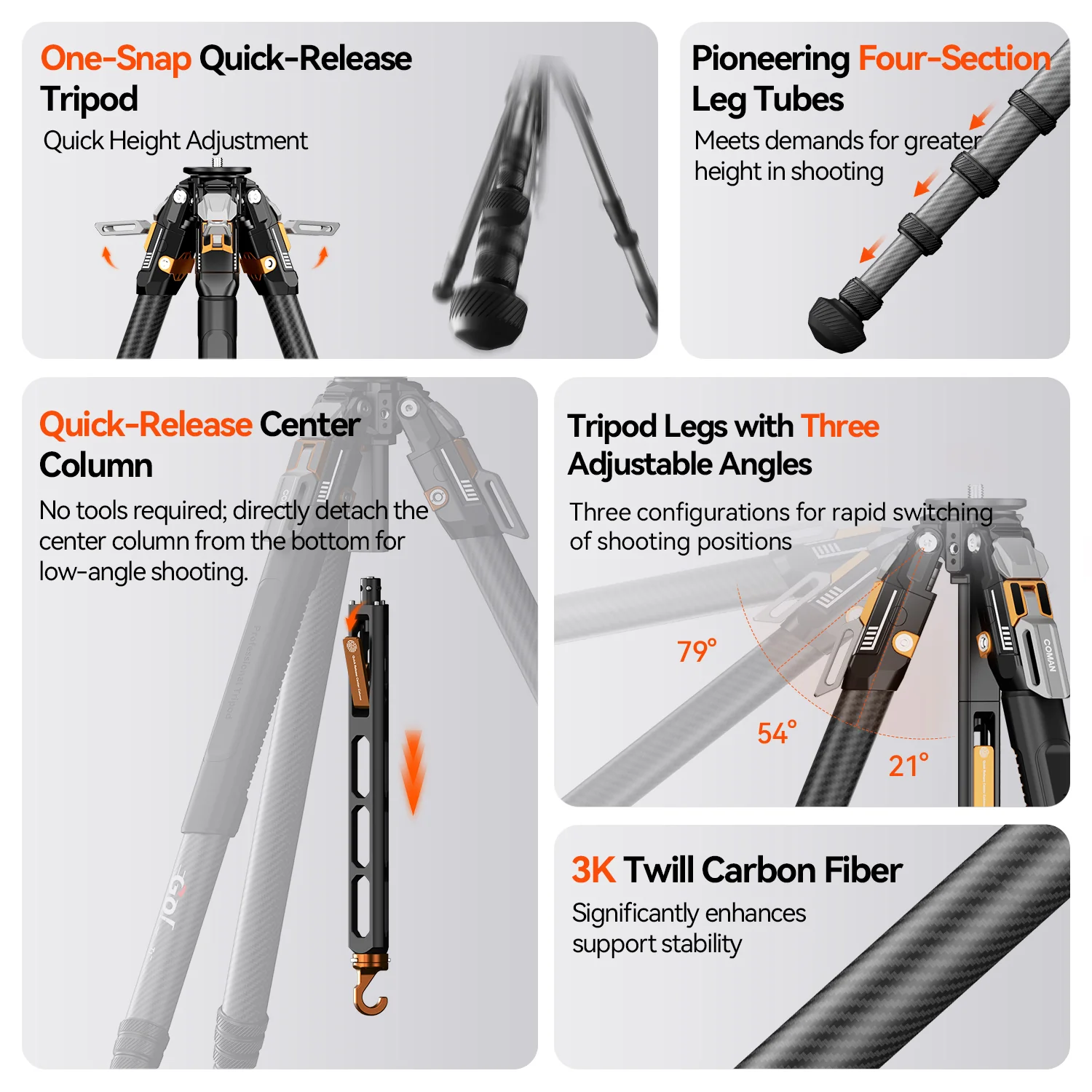 COMAN T1 Snap-Open Carbon Fiber Video and Photo Tripod 4 Section Legs Adjustable Angles 62.9" - Image 8