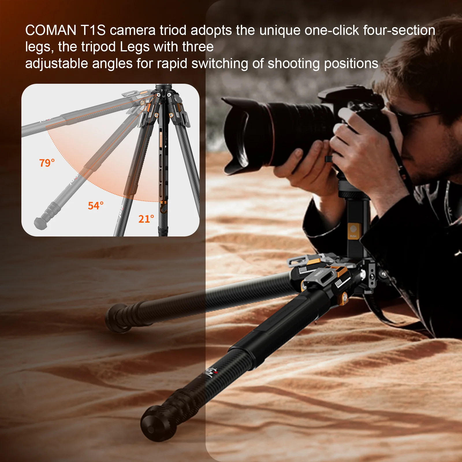 COMAN T1S Snap-Open Carbon Fiber Video and Photography Tripod with Bowl Head 4 Legs 64.8" - Image 12