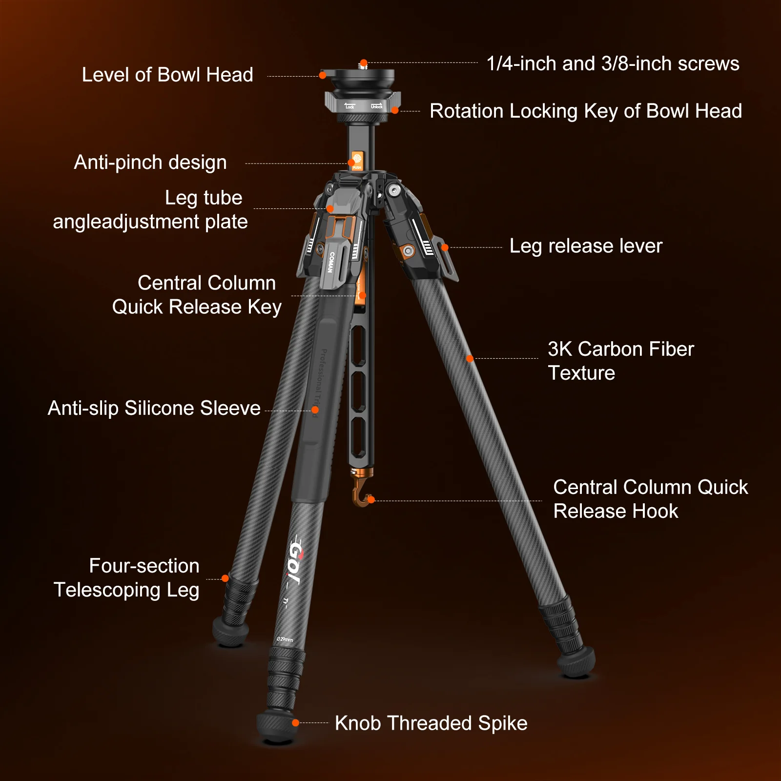 COMAN T1S Snap-Open Carbon Fiber Video and Photography Tripod with Bowl Head 4 Legs 64.8" - Image 13