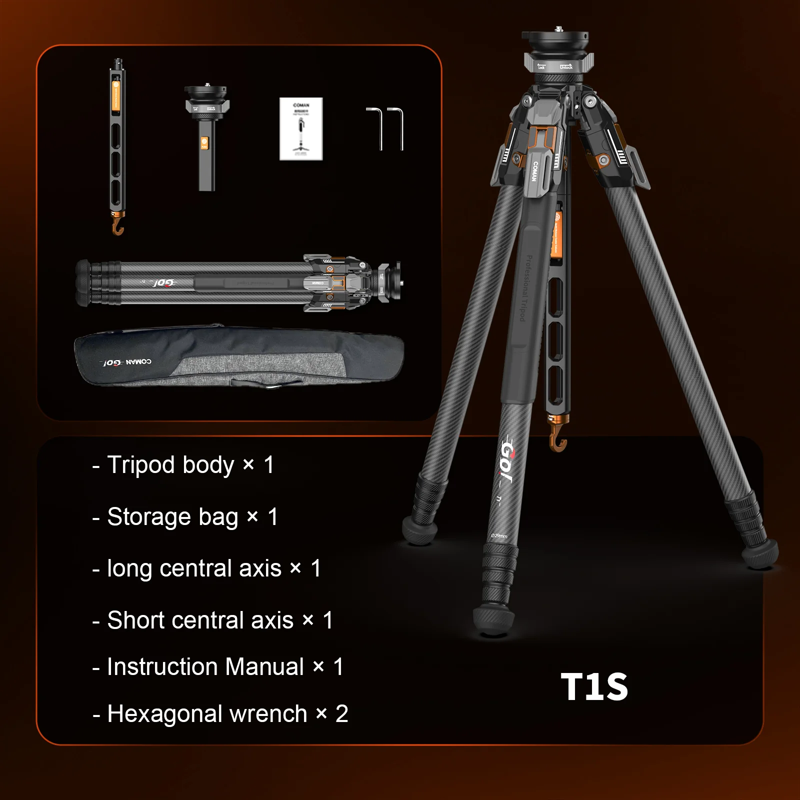 COMAN T1S Snap-Open Carbon Fiber Video and Photography Tripod with Bowl Head 4 Legs 64.8" - Image 15