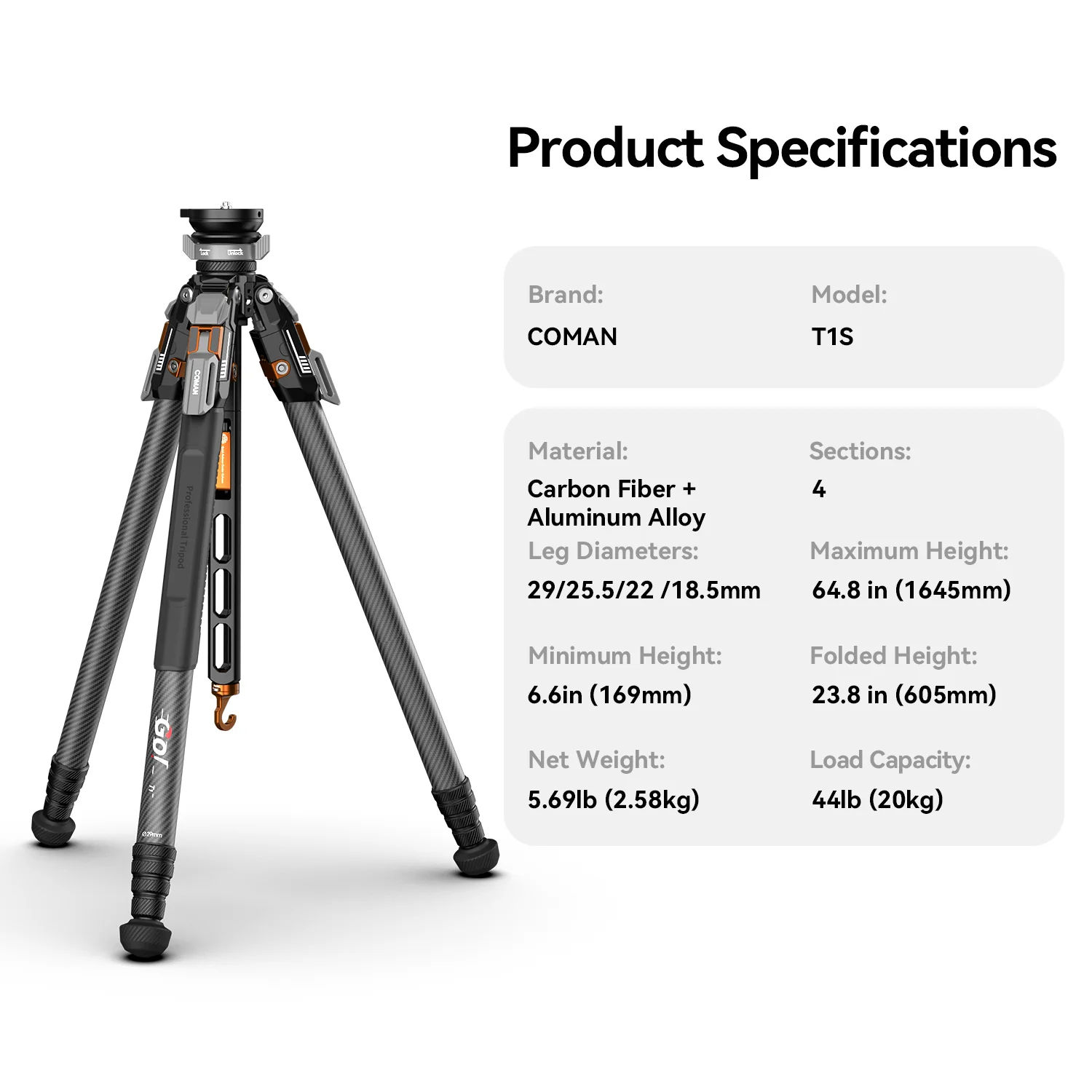 COMAN T1S Snap-Open Carbon Fiber Video and Photography Tripod with Bowl Head 4 Legs 64.8" - Image 4