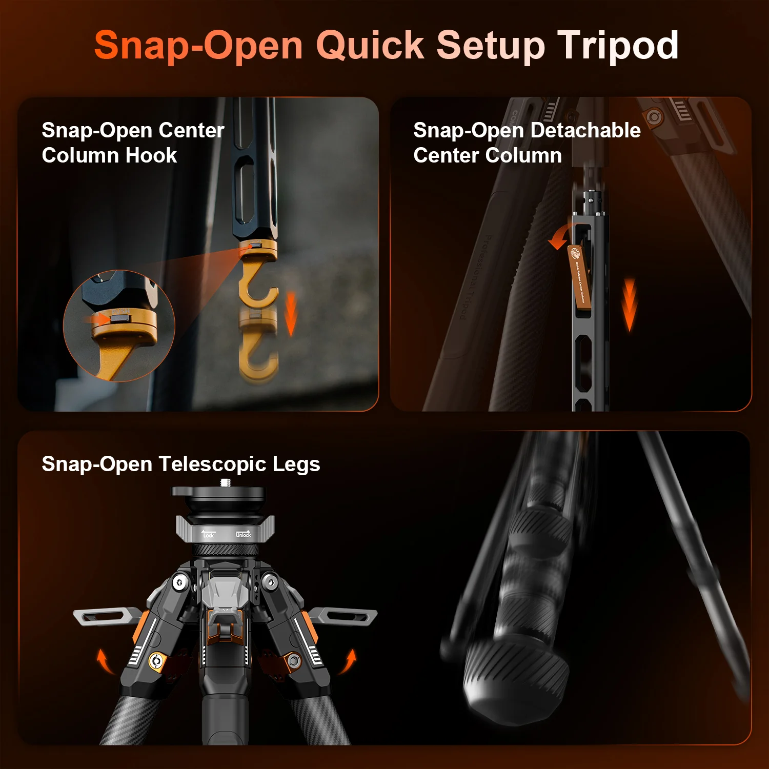 COMAN T1S Snap-Open Carbon Fiber Video and Photography Tripod with Bowl Head 4 Legs 64.8" - Image 8
