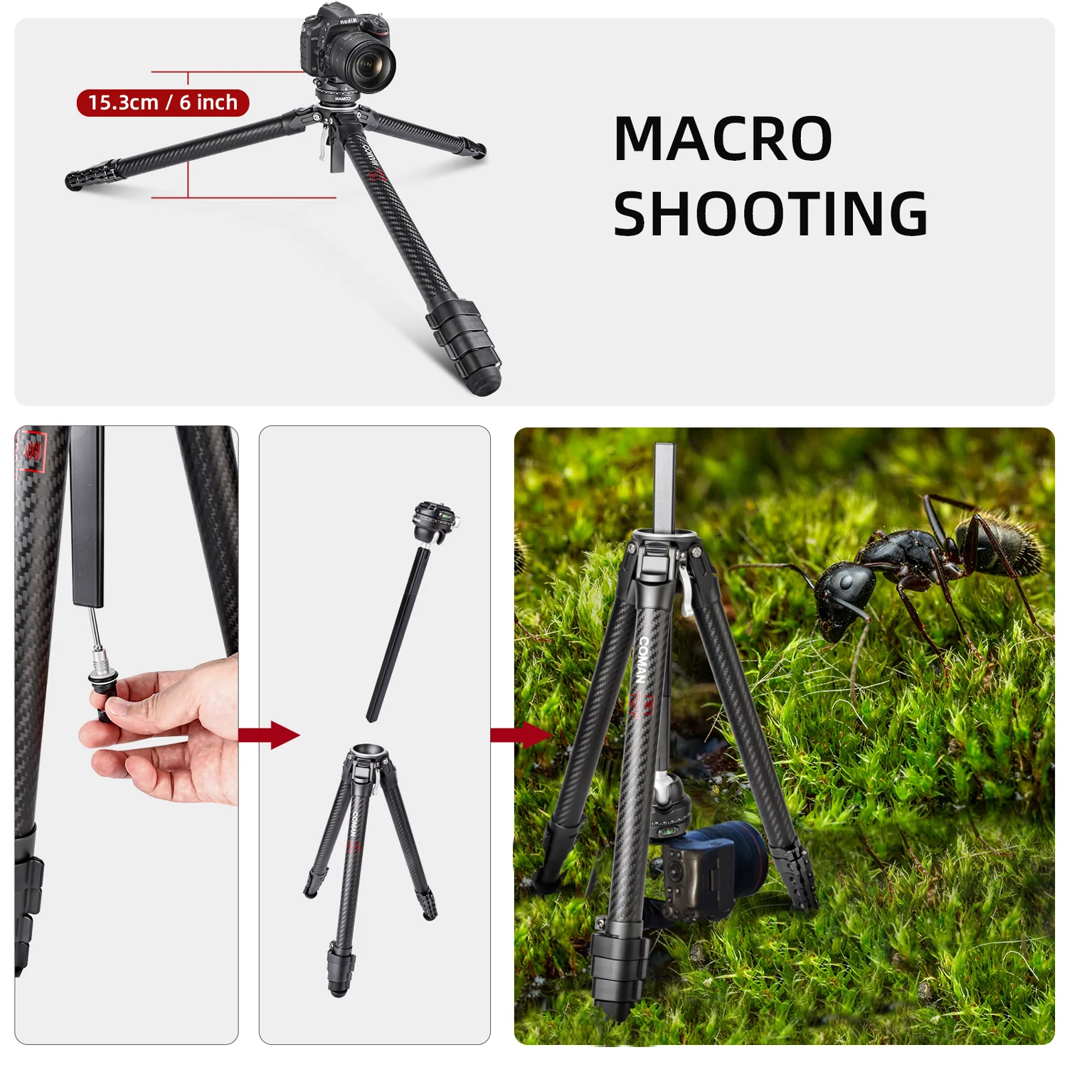 COMAN Zero F38 Carbon Fiber Quick Release Travel Tripod with Ball Head - Image 21