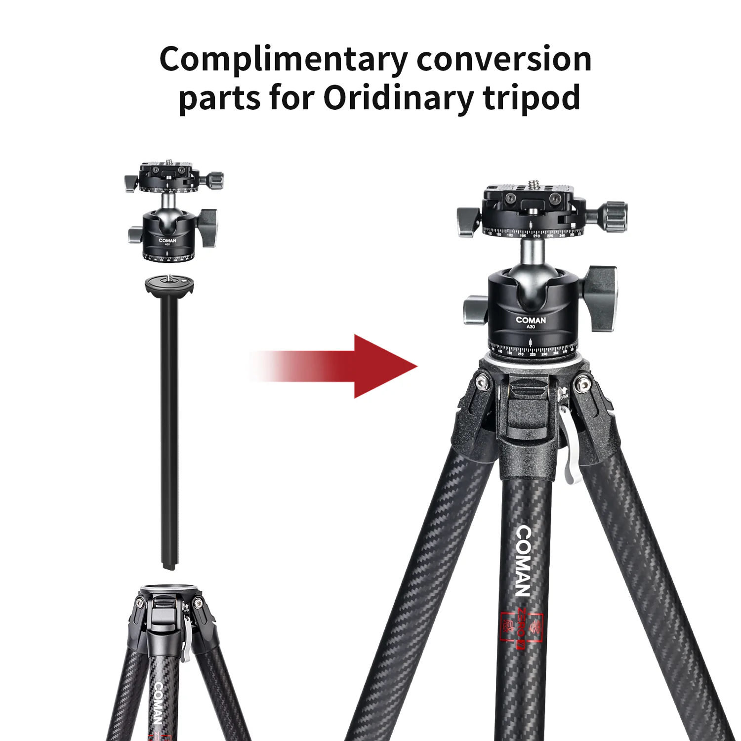 COMAN Zero F38 Carbon Fiber Quick Release Travel Tripod with Ball Head - Image 4