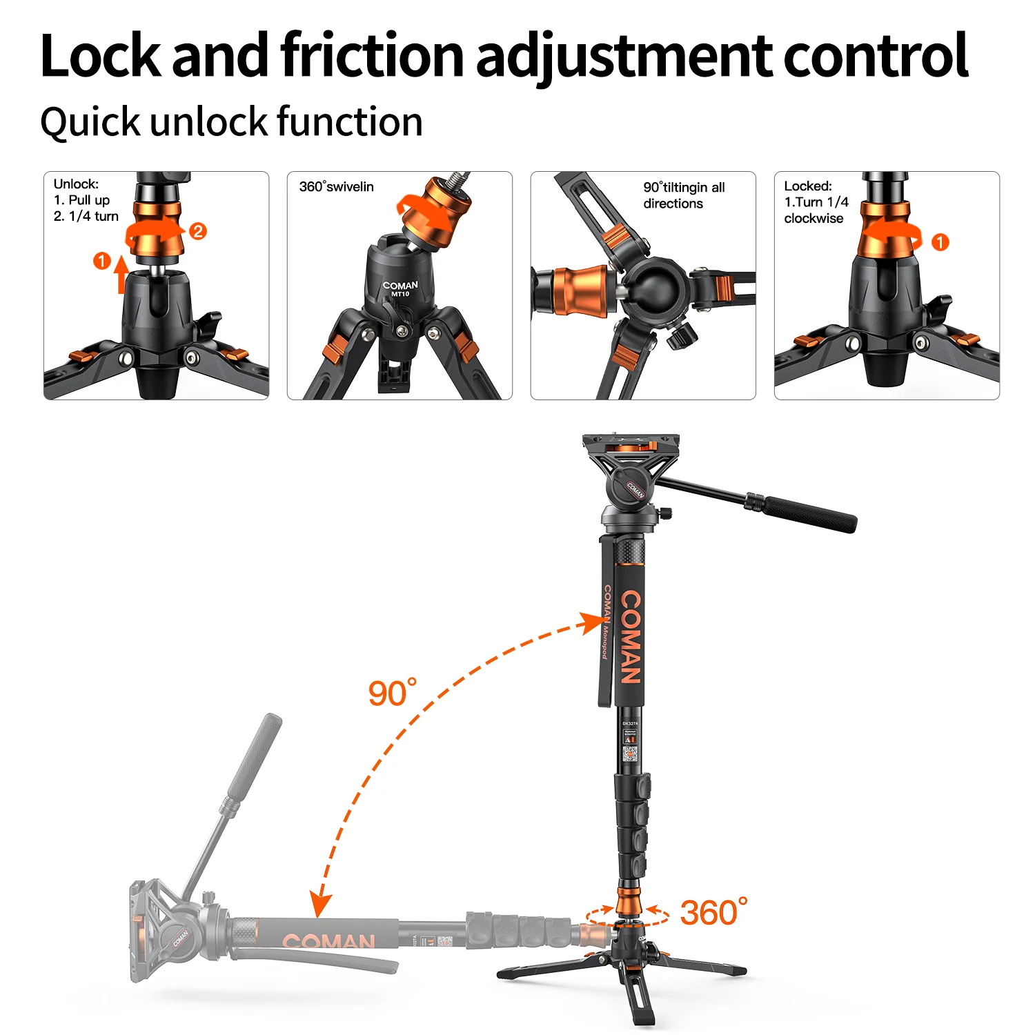 Coman DK327AQ6 Aluminum Camera Video Monopod with Fluid Head & Feet - Image 7