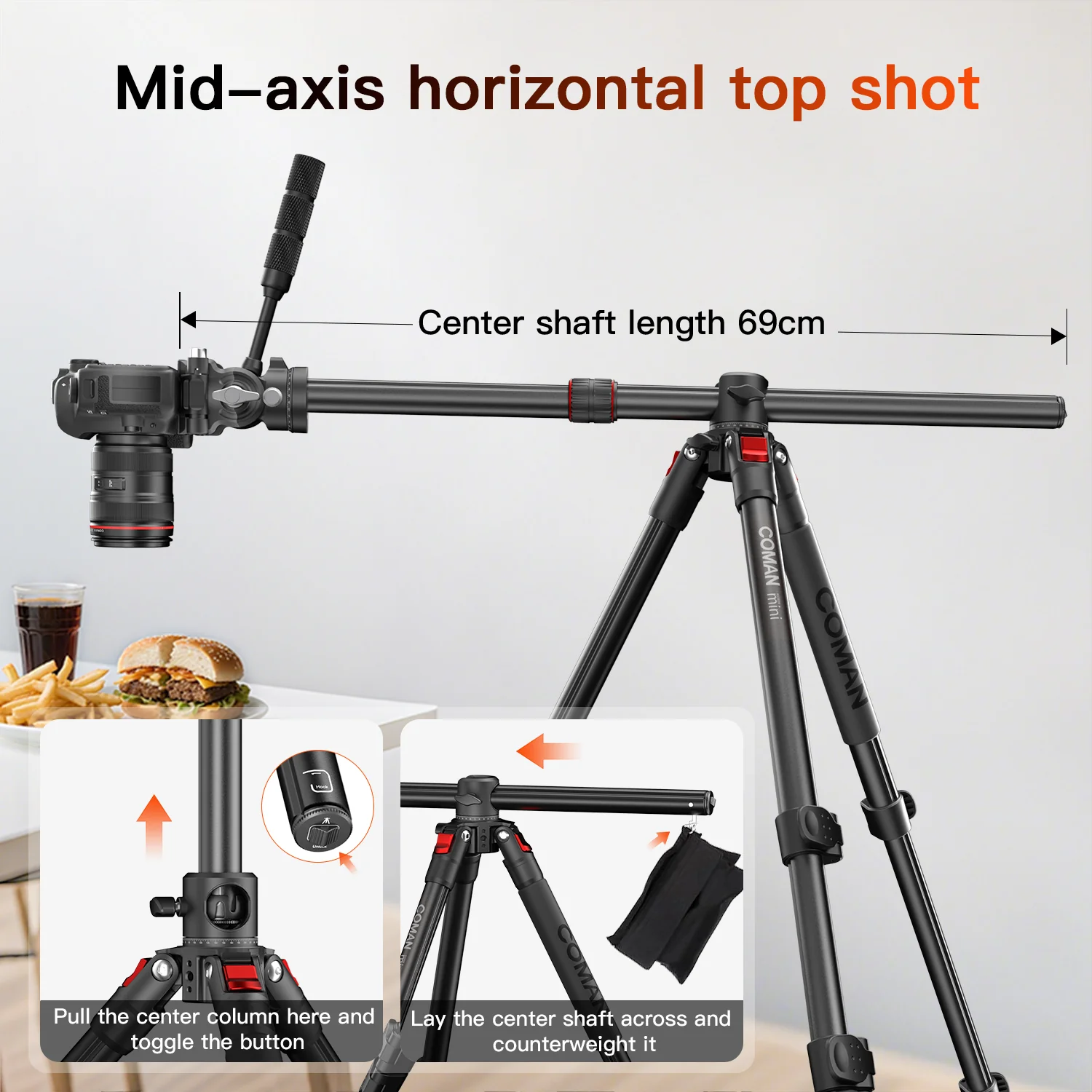 COMAN KX3939Mini A32&V1 Multi-Functional Horizontal Tripod & Monopod with Fluid Head & 360° Ball Head, 1810mm, 15KG Load - Image 10