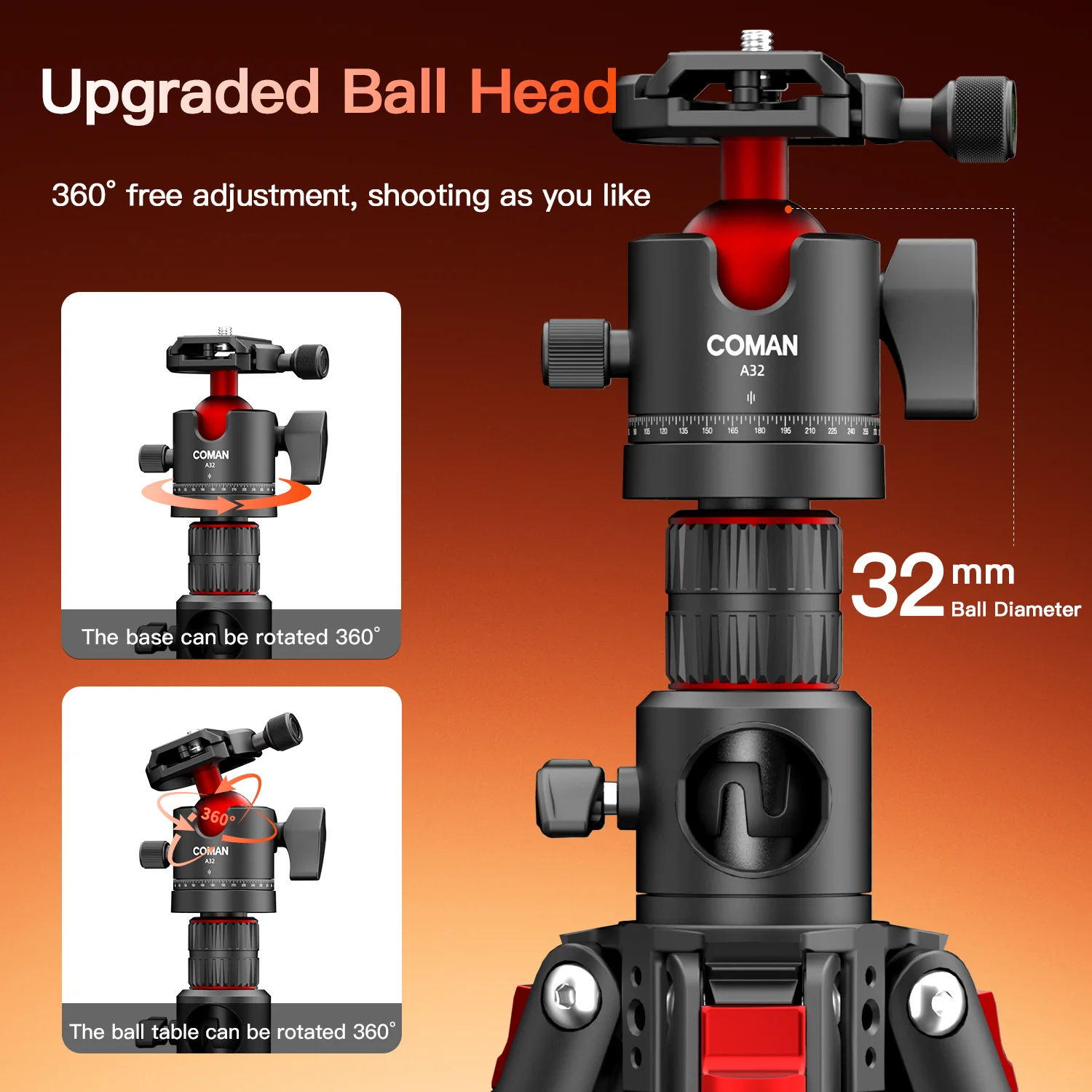 COMAN KX3939Mini A32&V1 Multi-Functional Horizontal Tripod & Monopod with Fluid Head & 360° Ball Head, 1810mm, 15KG Load - Image 17