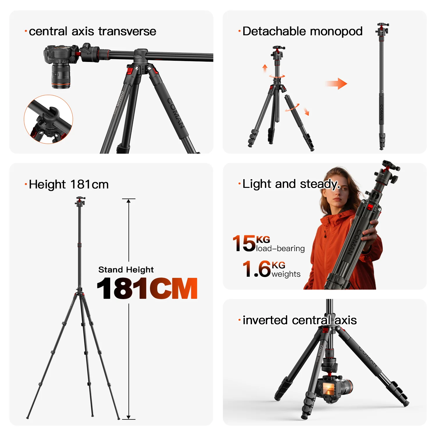COMAN KX3939Mini A32&V1 Multi-Functional Horizontal Tripod & Monopod with Fluid Head & 360° Ball Head, 1810mm, 15KG Load - Image 8
