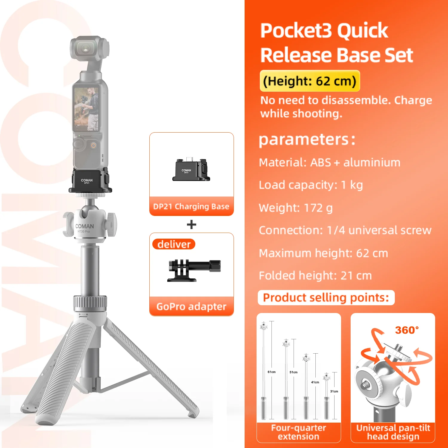 COMAN MT30Pro Phone Tripod Selfie Stick Remote-Control, Black & White - Image 29
