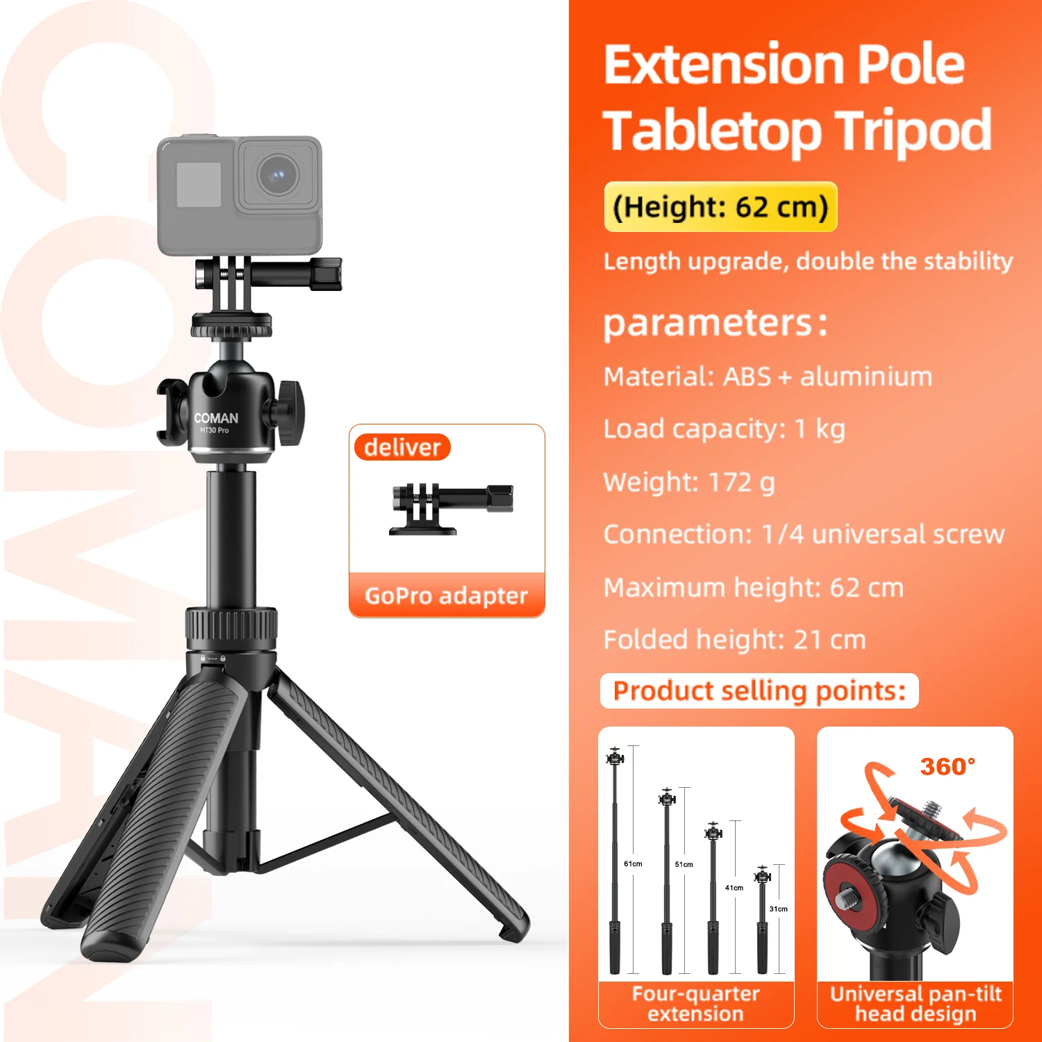 COMAN MT30Pro Phone Tripod Selfie Stick Remote-Control, Black & White - Image 35